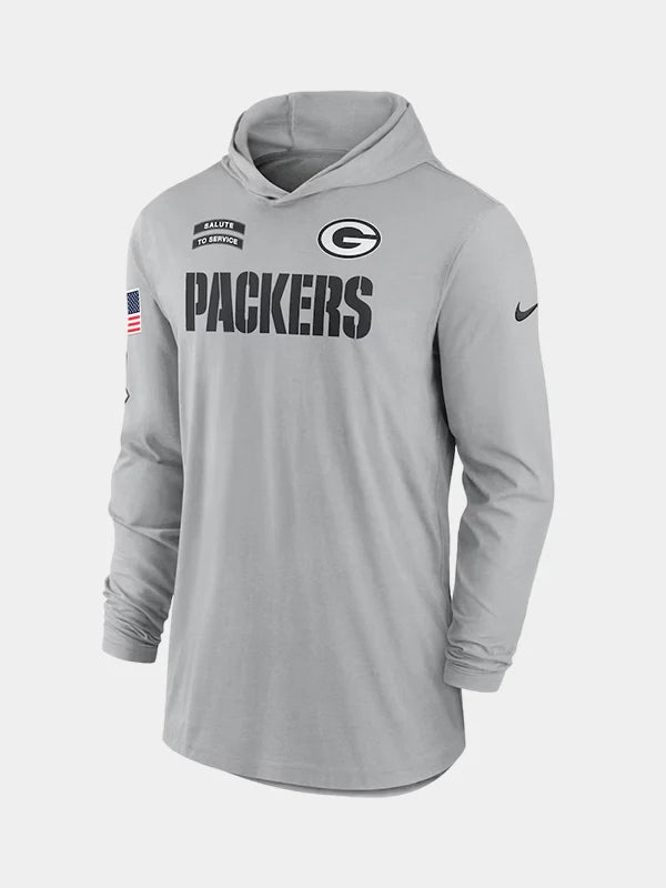 2024 Green Bay Packers Salute to Service Long Sleeve Hooded T-Shirt Grey