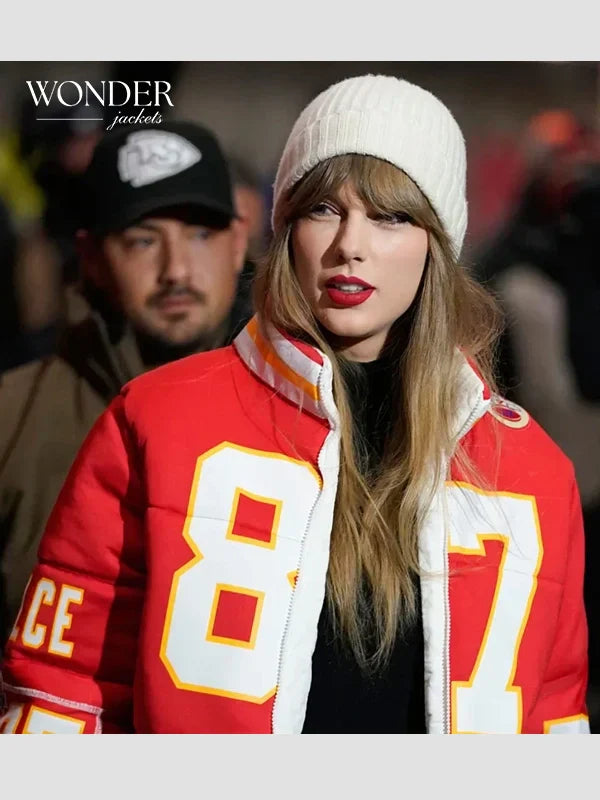 87 Taylor Swift Travis Kelce Red Puffer Jacket