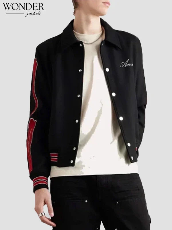 AMIRI Bones Twill Black & Red Varsity Jacket