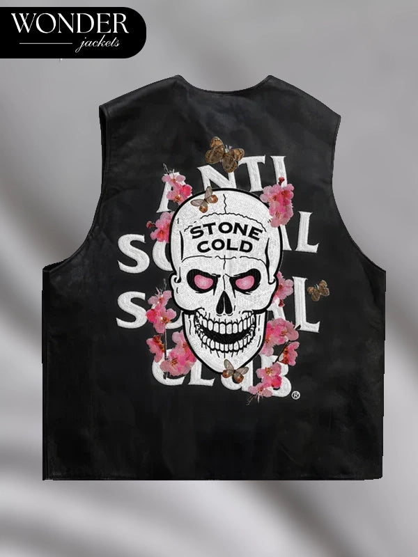 ASSC Anti Social Social Club x WWE Stone Cold Embroidered Black Leather Vest