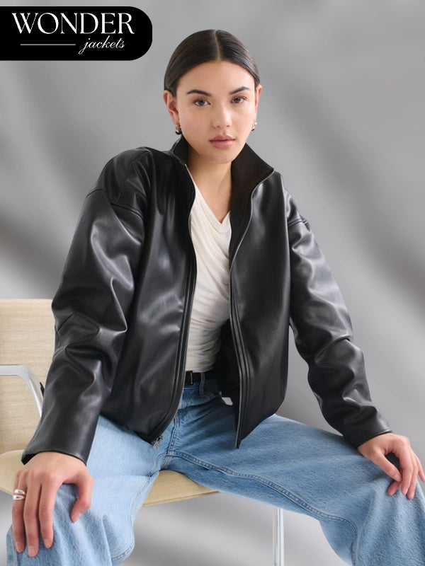 Abercrombie Bubble Hem Black Leather Bomber Jacket