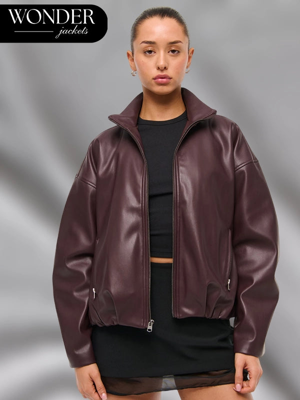 Abercrombie Bubble Hem Burgundy Leather Bomber Jacket
