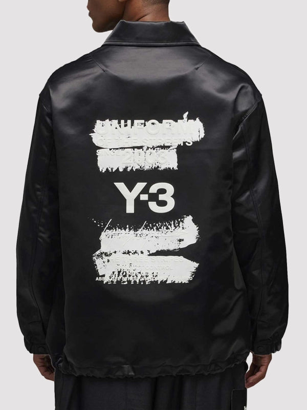Adidas X Y3 Graphic Full Snap Black Satin Coach Jacket