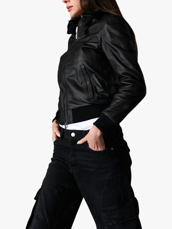 Antea Lamb Black Leather Bomber Jacket Women