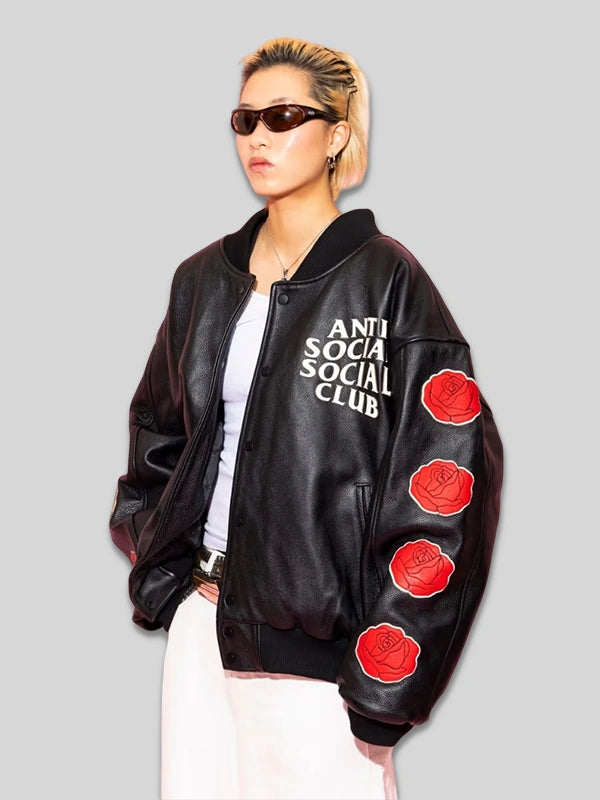 Anti Social Social Club Petal To The Metal Leather Varsity Jacket Black