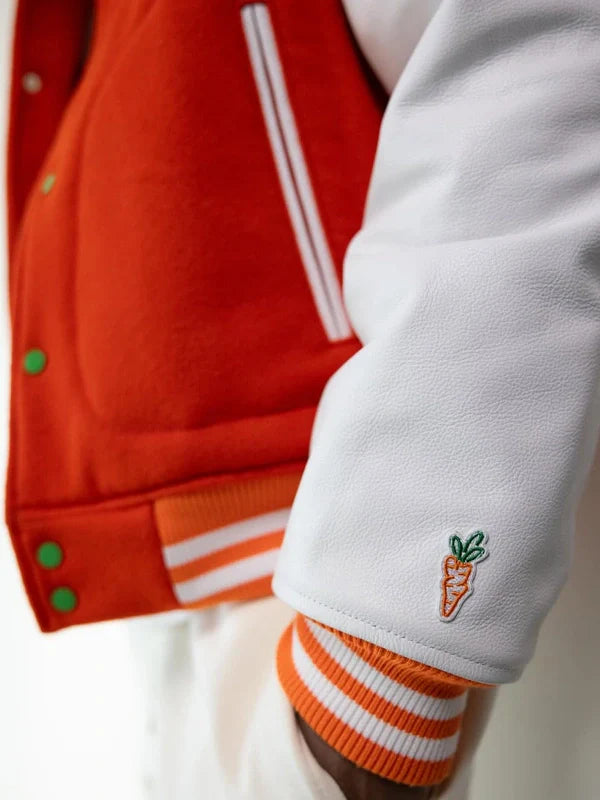 AnwarCarrotsRed_WhiteVarsityJacket