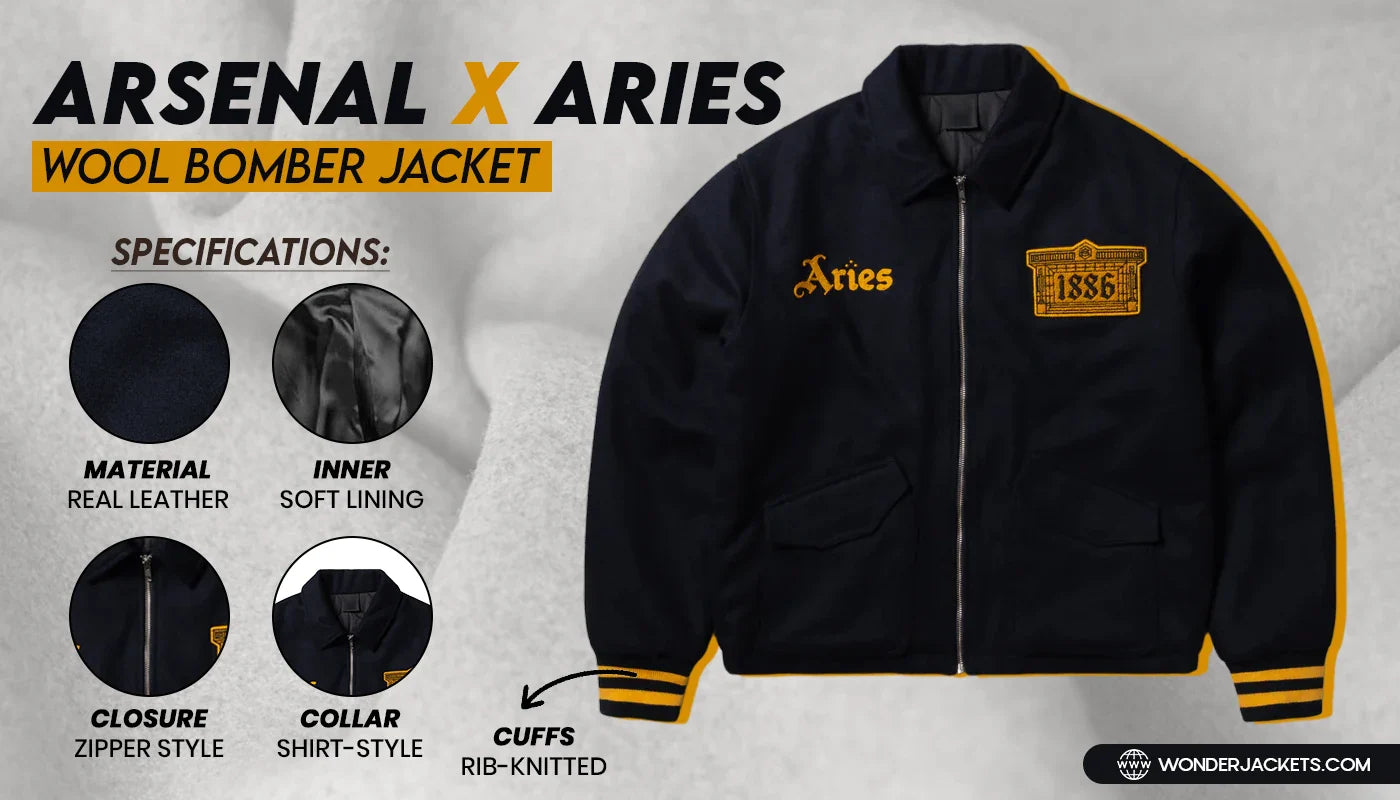 Arsenal x Aries Wool Bomber Jacket Infographic Banner