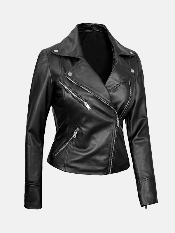 Asymmetrical Style Collar Black Leather Biker Jacket Womens