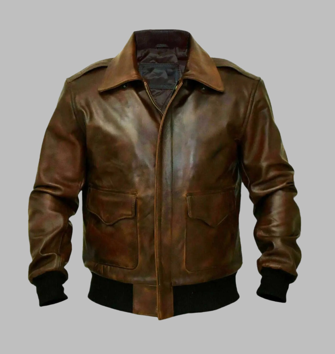 Aviator Bomber Navy Distressed Leather Jacket