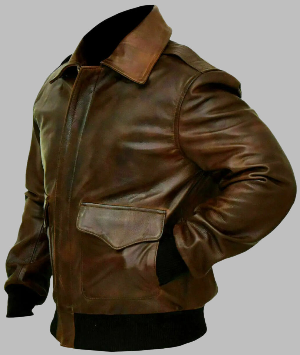 Aviator Bomber Navy Leather Jacket