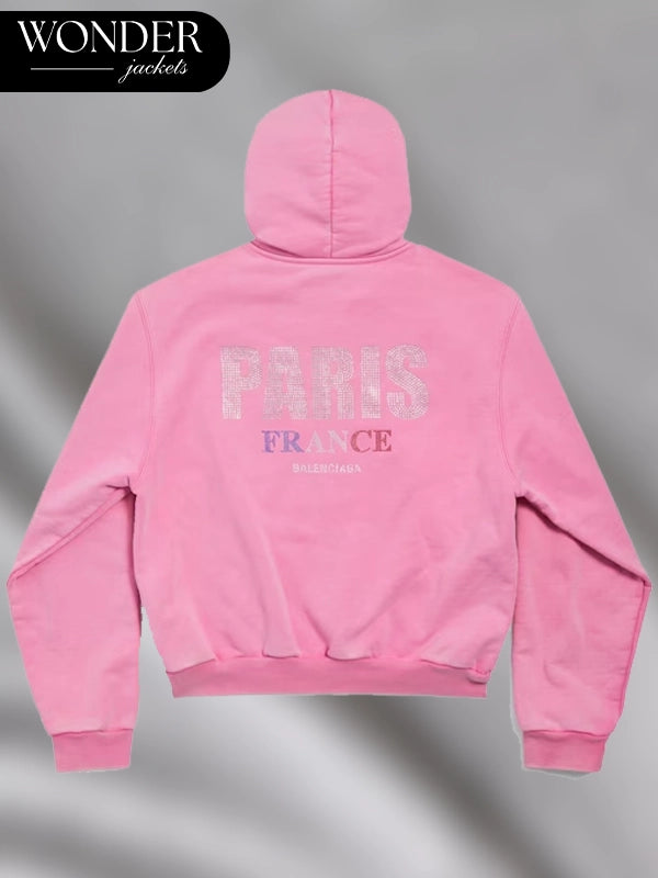 Balenciaga Pink Paris France Strass Zip-up Hoodie