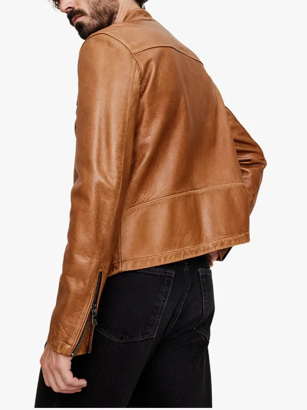 Banana Brown Leather Biker Republic Jacket