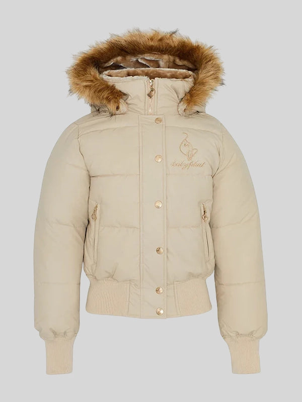 Beige baby phat puffer jacket with fur hood