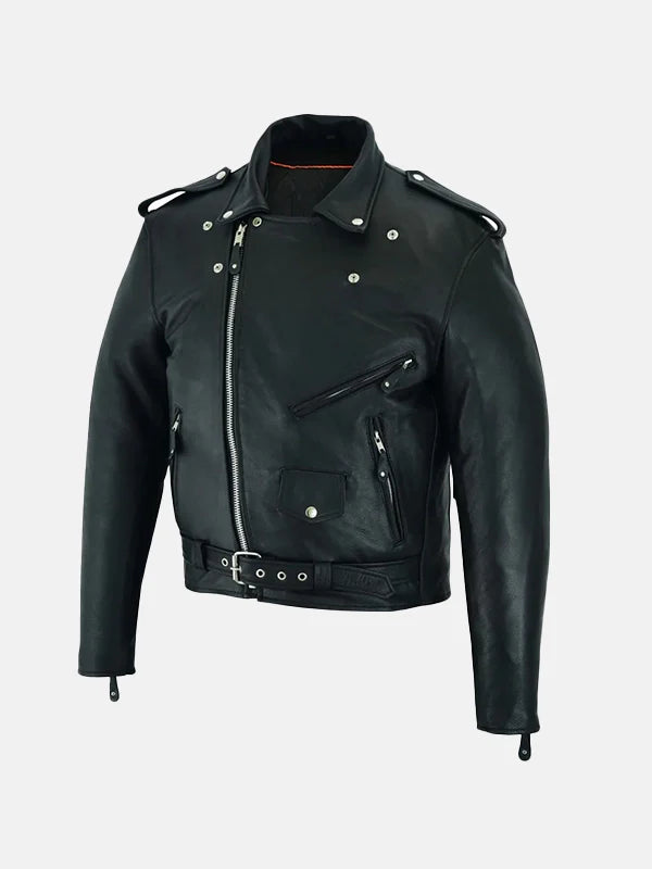 Belted Black Leather Motorcycle Jacket Mens