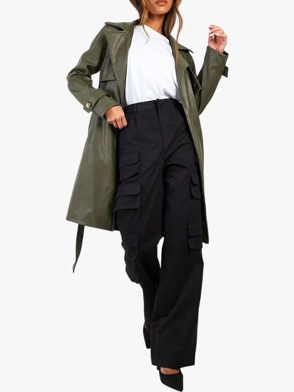 Belted Short Faux Leather Trench Coat 