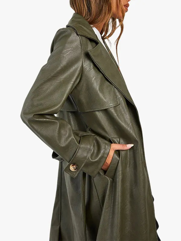 Belted Short Faux Leather Trench Khaki Coat 