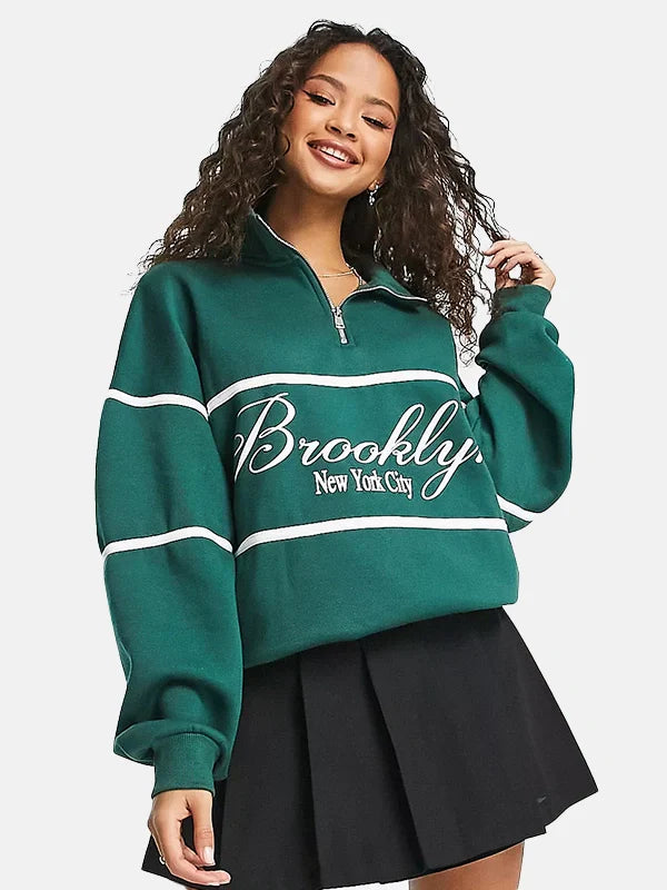 Bershka Zip Up Slogan Fleece Green Sweatshirt