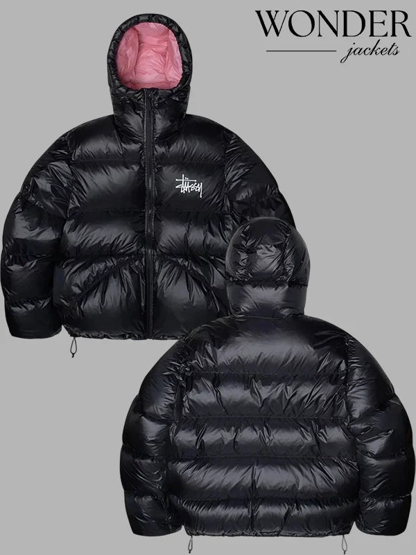 Black and Pink Stussy Puffer Jacket