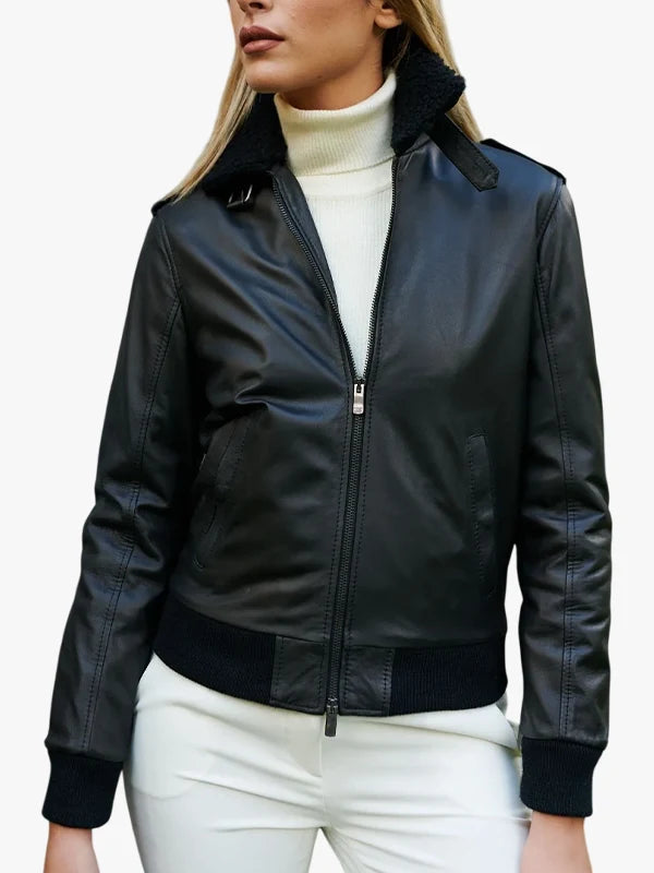 Black Leather Bomber Antea Aviator Smooth Effect Jacket