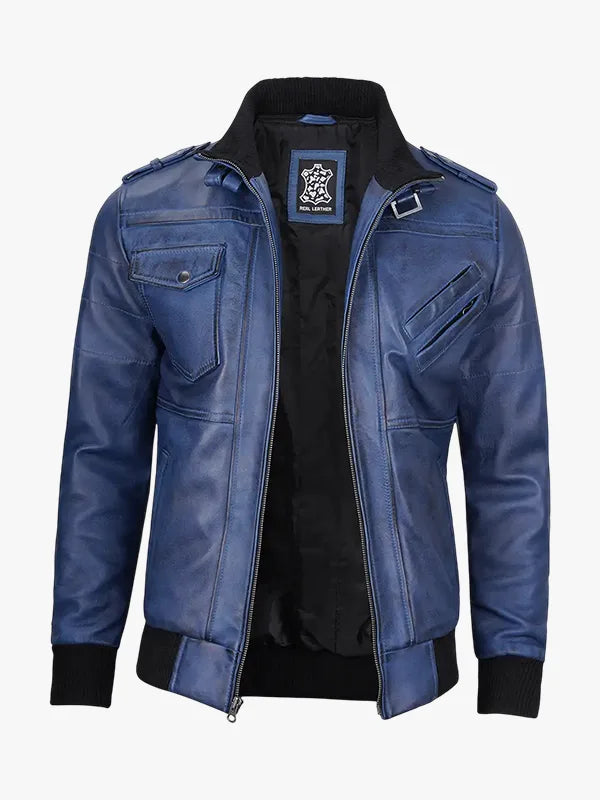 Blue Bomber Leather Jacket with Hood
