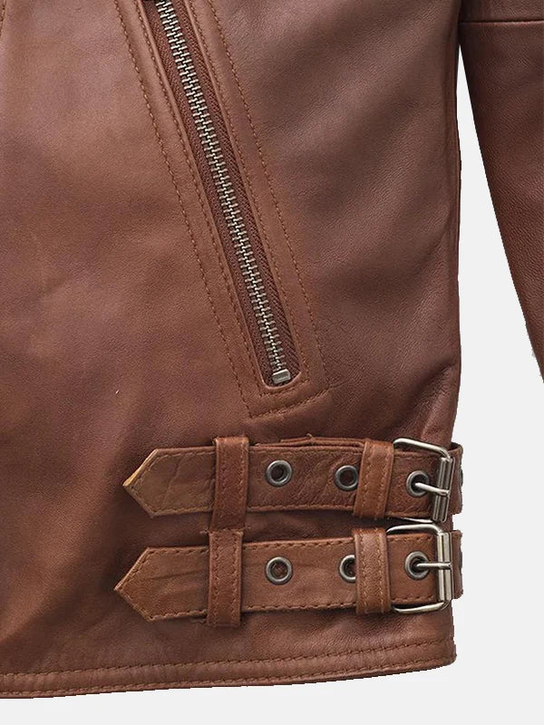 Brooklyn Mens Fashion Brown Leather Jacket Front Belt Close Up