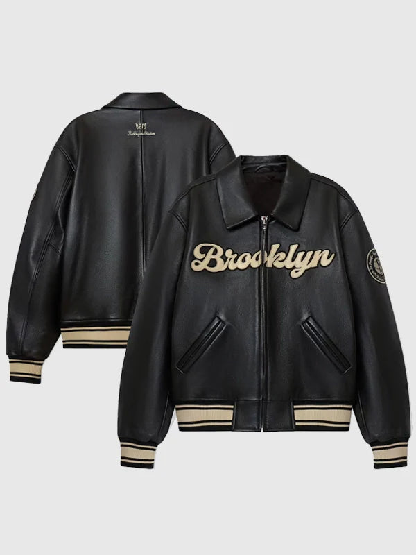 Brooklyn Nets bǝrō x Kid Super Black Leather Varsity Jacket