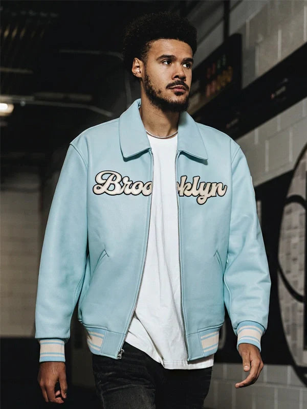 Brooklyn Nets bǝrō x Kid Super Blue Leather Jacket