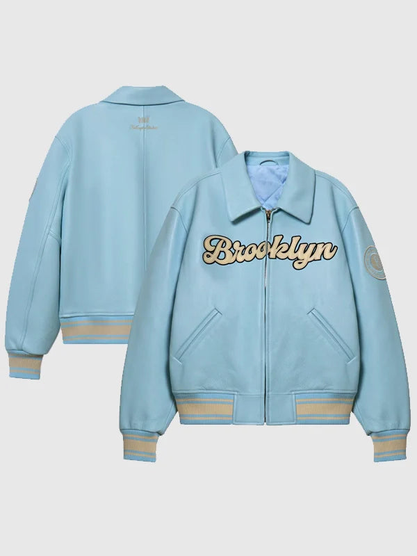 Brooklyn Nets bǝrō x Kid Super Blue Leather Varsity Jacket