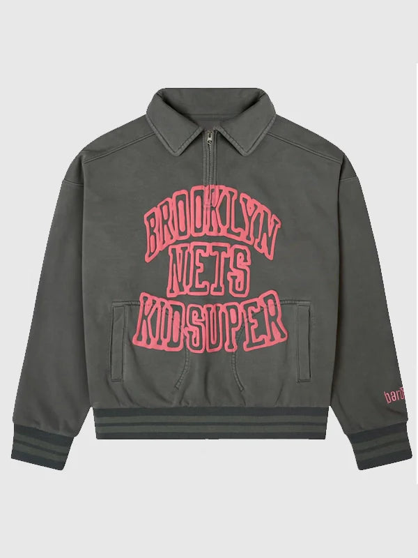 Brooklyn Nets bǝrō x Kid Super Charcoal Quarter-Zip Bomber Sweatshirt