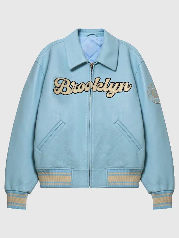 Brooklyn Nets bǝrō x Kid Super Light Blue Full-Zip Leather Varsity Jacket