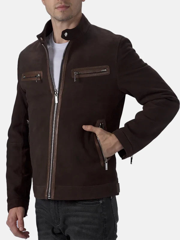 Brown Cafe Racer Suede Leather Jacket Mens