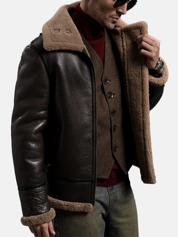 Brown Sheepskin B-3 Bomber Style Shearling Flight Jacket Men