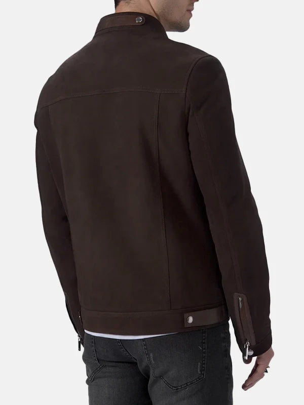 Brown Suede Leather Cafe Racer Jacket Mens