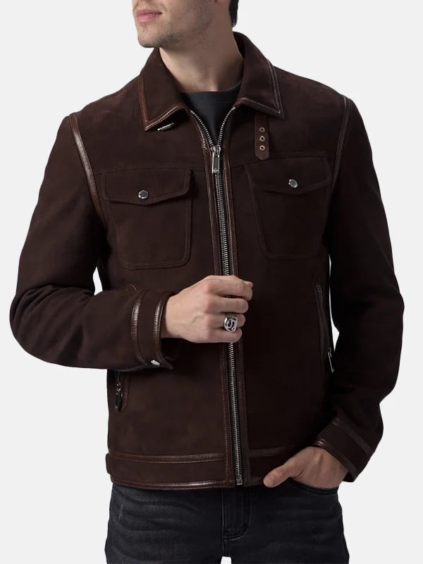 Brown Suede Trucker Casual Leather Jacket Mens