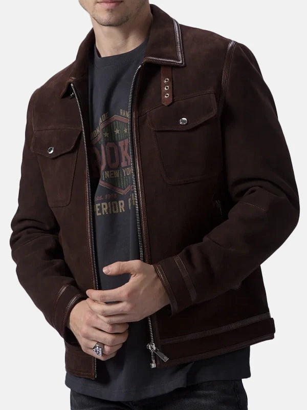 Brown Suede Trucker Style Casual Leather Jacket Mens