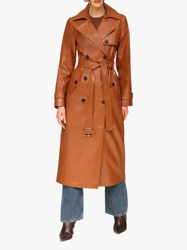 Brown Trench Coat Faux-Ever Leather Belted Glazed