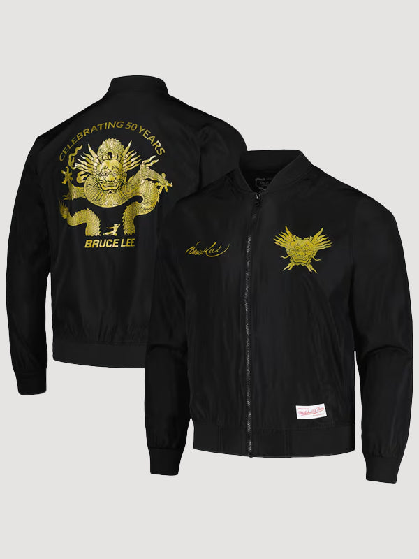 Bruce Lee Mitchell Ness Celebrating 50 Years Bomber Full-Zip Black Jacket