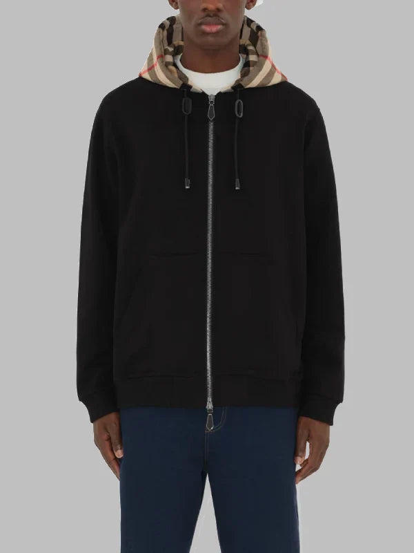 Burberry Check Hood Cotton Zip Hoodie Black