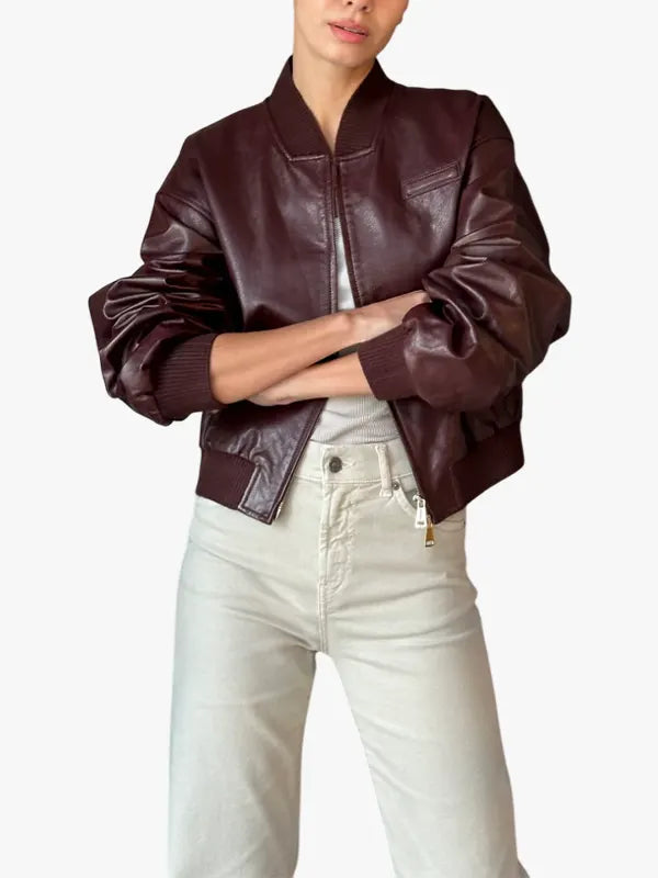 Burgundy Leather Bomber Jacket