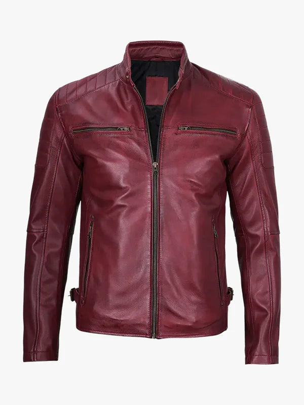 Burgundy Cafe Racer Real Leather Jacket 
