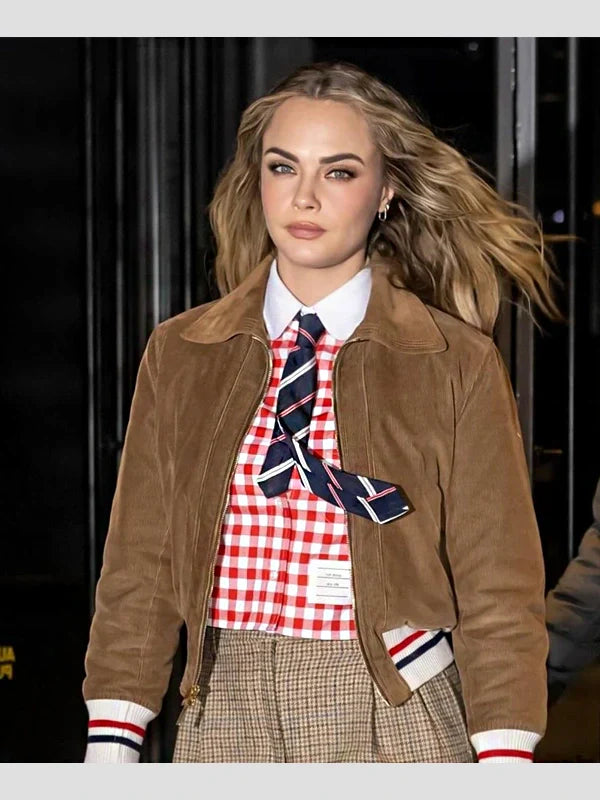 Cara Delevingne Brown Corduroy Bomber Jacket