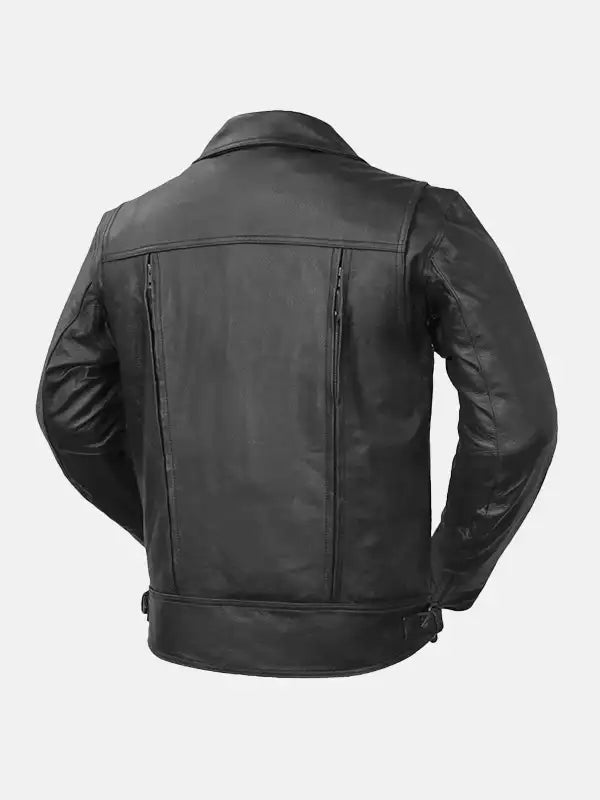 Caven Black Motorcycle Leather Jacket Back Pose