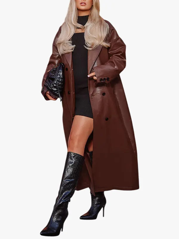 Chocolate Oversized Double Breasted Leather Trench Coat