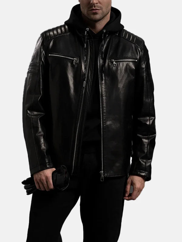 Classic Black Leather Racer Jacket For Mens