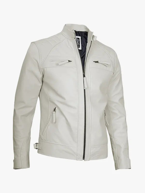 Classic Men’s Off White Café Racer Leather Jacket