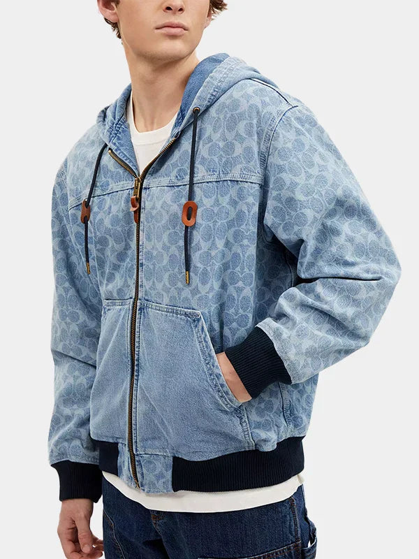 Coach Signature Blue Denim Hooded Zip Up Jacket