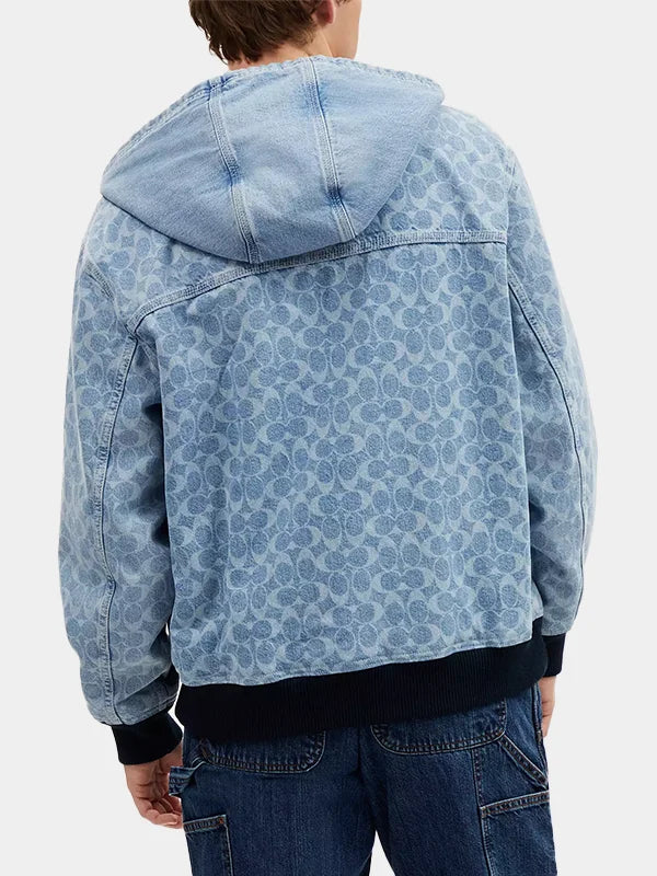 Coach Signature Denim Hooded Zip Up Jacket Blue