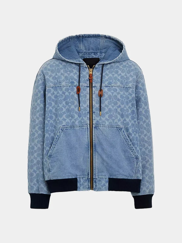 Coach Signature Denim Hooded Zip Up Jacket