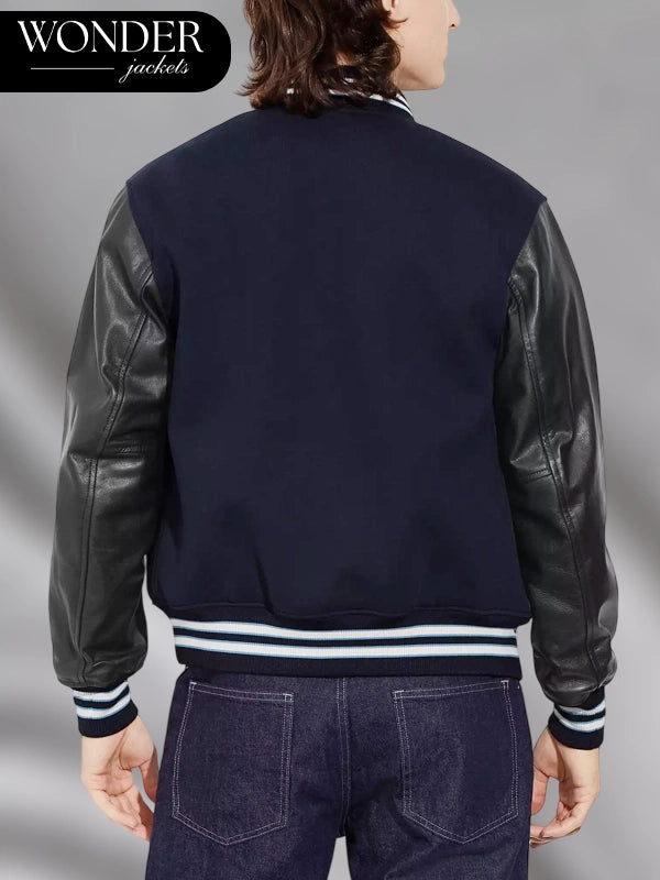 Coach Varsity Jacket With Leather Sleeves Black and Blue 