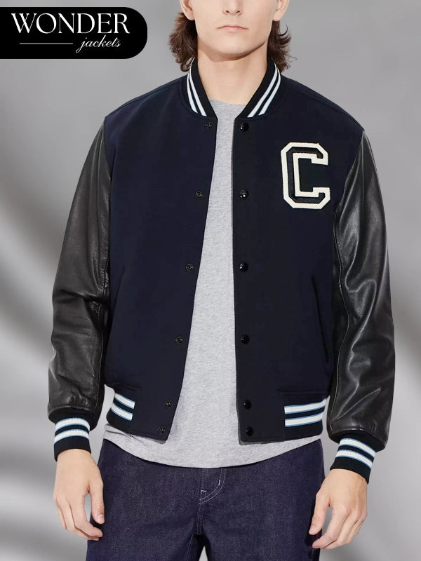 Coach Varsity Jacket With Leather Sleeves Blue And Black